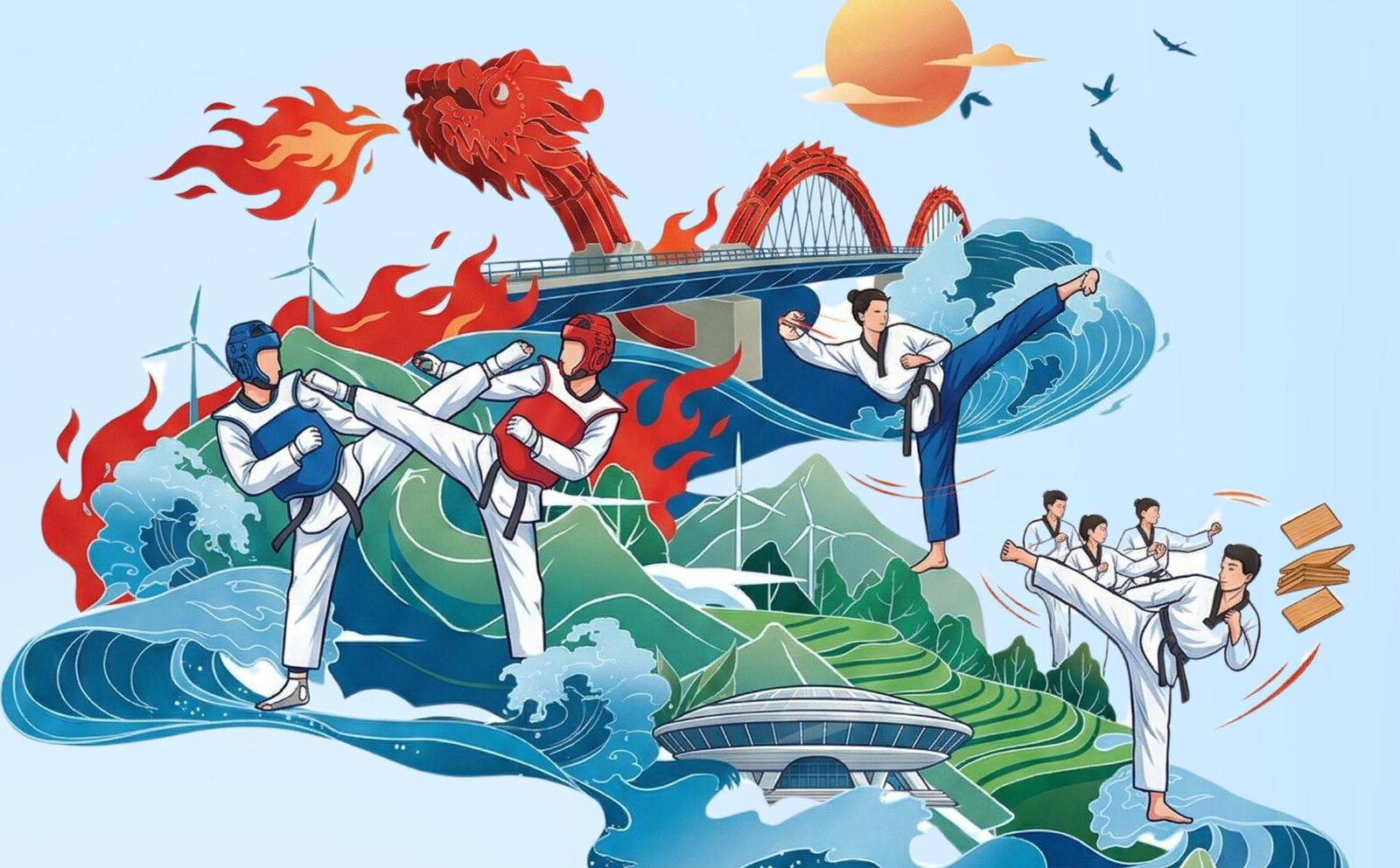 다낭의 용다리와 산, 계단식 논, 파도를 배경으로 겨루기와 발차기를 하는 태권도 선수들 일러스트